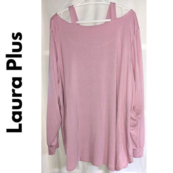Plus Sz 3X Pink Sweater Sweatshirt Cut Out at Neckline Rounded Hem - Picture 2 of 7